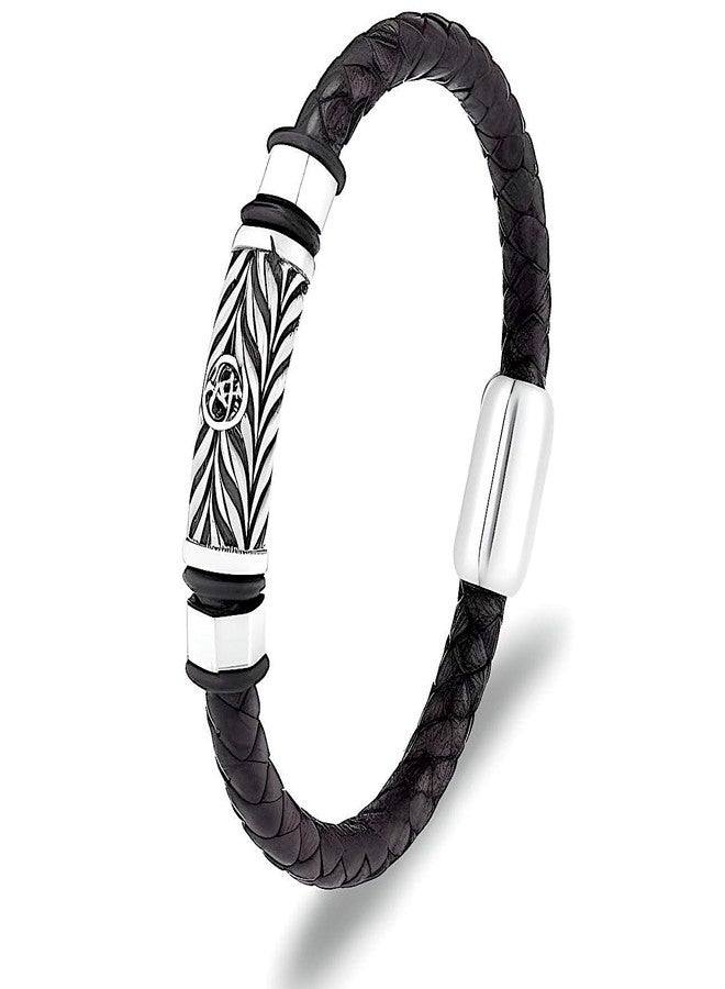 THE MEN THING TRINKET BLACK - Woven Black Genuine Leather Bracelet with Stainless Steel Magnetic Buckle for Men & Boy (8 inch) - Image 1