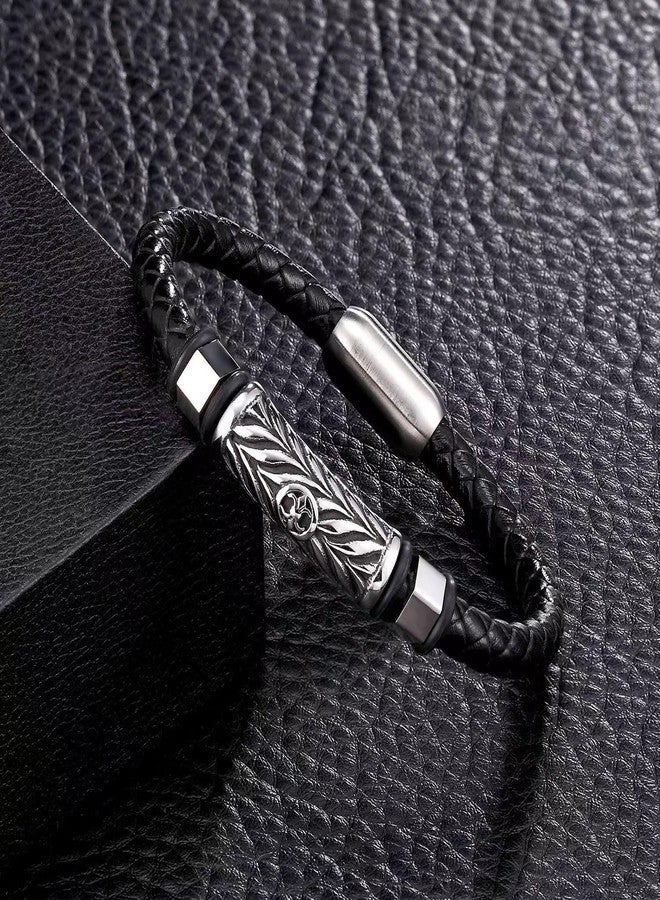THE MEN THING TRINKET BLACK - Woven Black Genuine Leather Bracelet with Stainless Steel Magnetic Buckle for Men & Boy (8 inch) - Image 3
