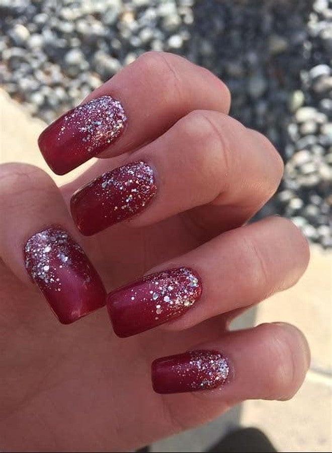 Plenteous Medium Coffin Shape False Nails for Women & Girls | Full Cover Glitter French Press On Nails with Adhesive Stickers | No Glue Needed | Acrylic Finish Stick-On Nails for Nail Art - Multicolor, 12PCS - Image 2