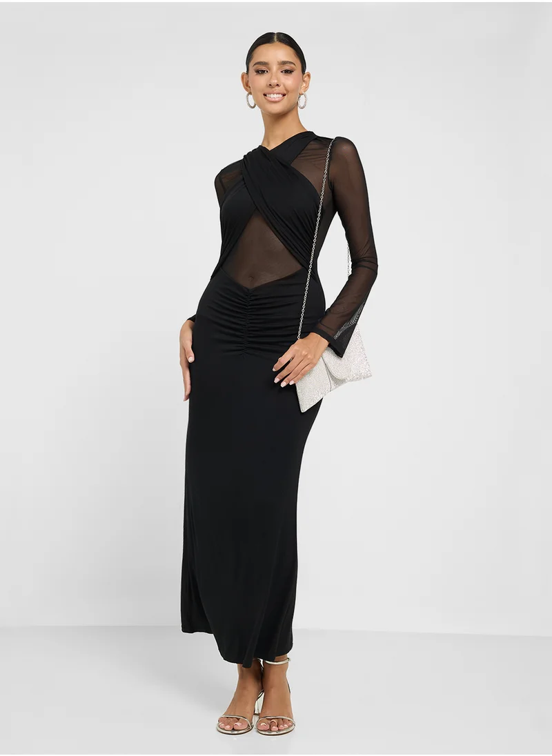 جينجر Draped Mesh Cutout Bodycon Dress