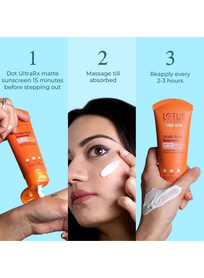 Lotus Herbals Safesun Ultrarx Matte Sunscreen Spf 50 Pa++++ Cica & Green Tea Water & Sweat Resistant No White Cast Dermatologically Tested 50Gm  - Image 4