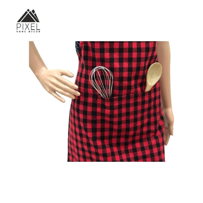 Pixel Home Red Cotton Check Apron with Pocket - Image 3