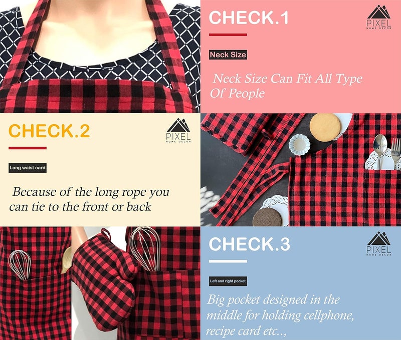 Pixel Home Red Cotton Check Apron with Pocket - Image 5
