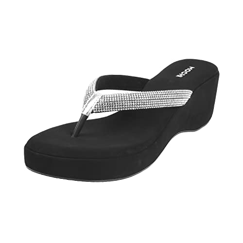 Mochi Women's Black Silver Studded Wedge Sandals | 4 Inch Heel Height | Premium Suede Open Toe Slip On Fashion Footwear | Lightweight | Comfort | Party, Casual, Festive, Stylish Wear | UK 5 - Image 1