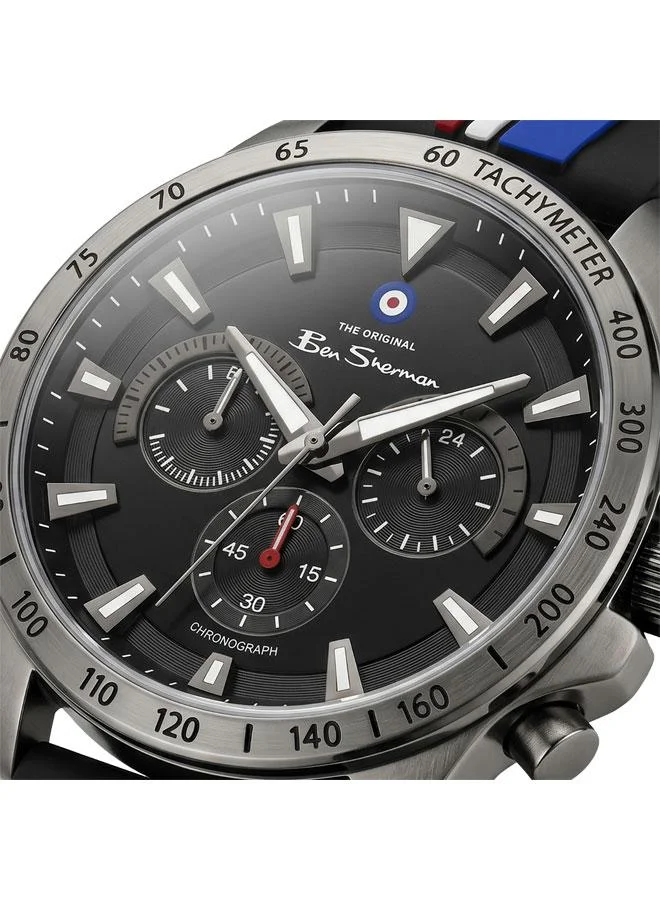بين شيرمان Liverpool  Black Dial Black Silicone Strap Chronograph Watch for Men, 44mm