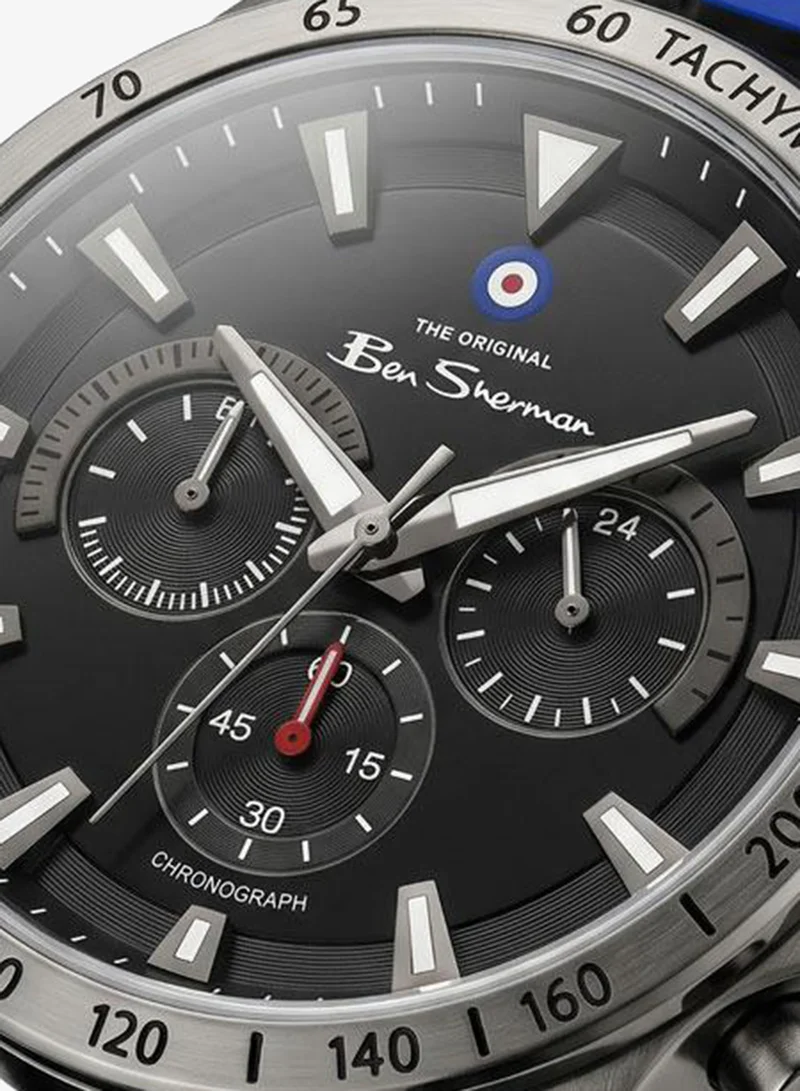 Ben Sherman Liverpool  Black Dial Black Silicone Strap Chronograph Watch for Men, 44mm