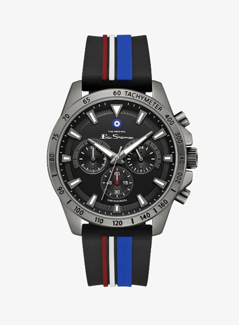 Ben Sherman Liverpool  Black Dial Black Silicone Strap Chronograph Watch for Men, 44mm
