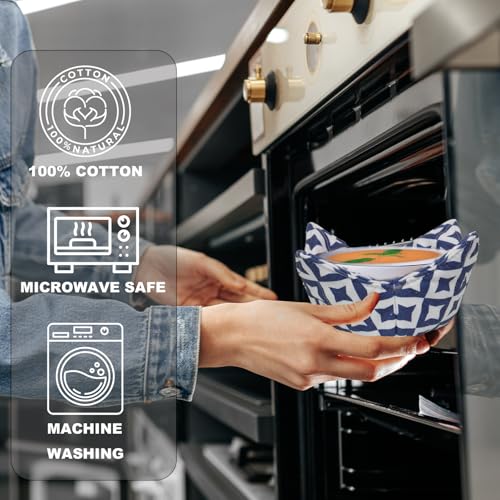 ROGITU Cotton Microwavable Bowl Cozy, Microwave-Safe Hot Bowl Holders, Soup bowl Cozy Hot Pads (Blue Series) - Image 5