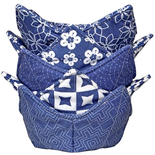 ROGITU Cotton Microwavable Bowl Cozy, Microwave-Safe Hot Bowl Holders, Soup bowl Cozy Hot Pads (Blue Series) - Image 1