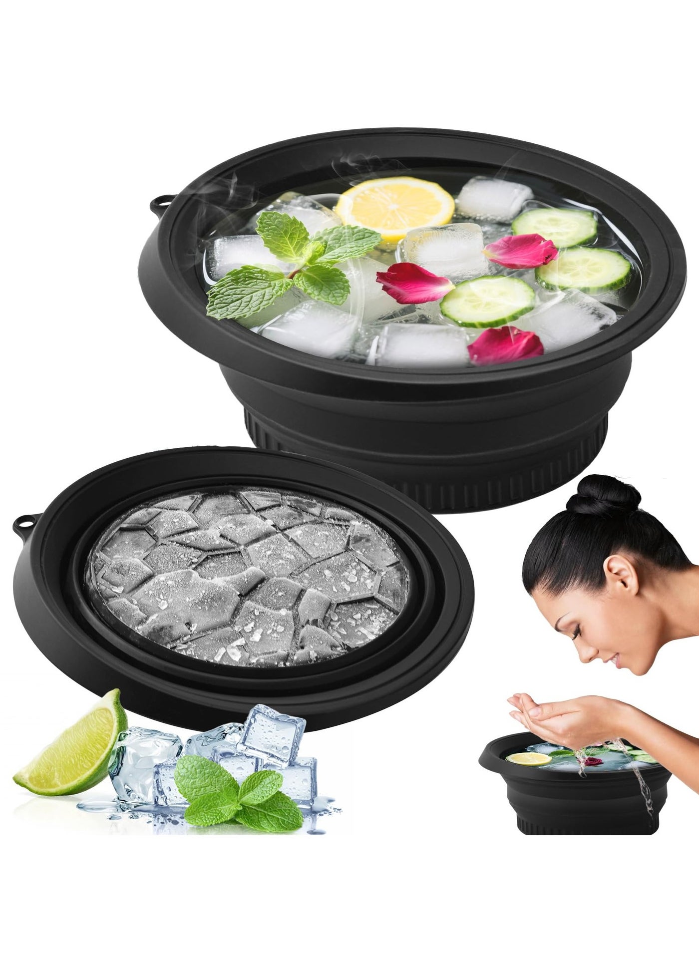 Ice Face Bowl with Built-In Icetray,Quick Cooling Foldable and Hanging Design for Easy Storage and Carrying, Dipping Face Ice Bath at Home and Travel(Black)
