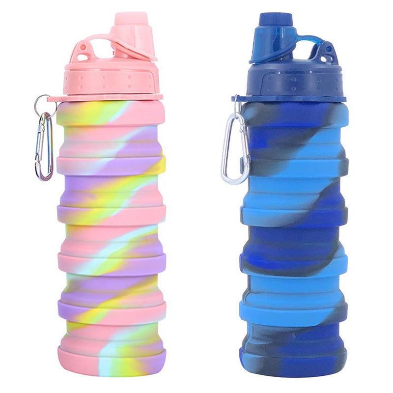 YCTMALL Collapsible Water Bottles Two Pack Travel Sports Portable Sport Water Bottle comes with mountaineering Buckle 500ml silicone Water-proof camping water bottle (Blue camouflage+Pink camouflage) - Image 1