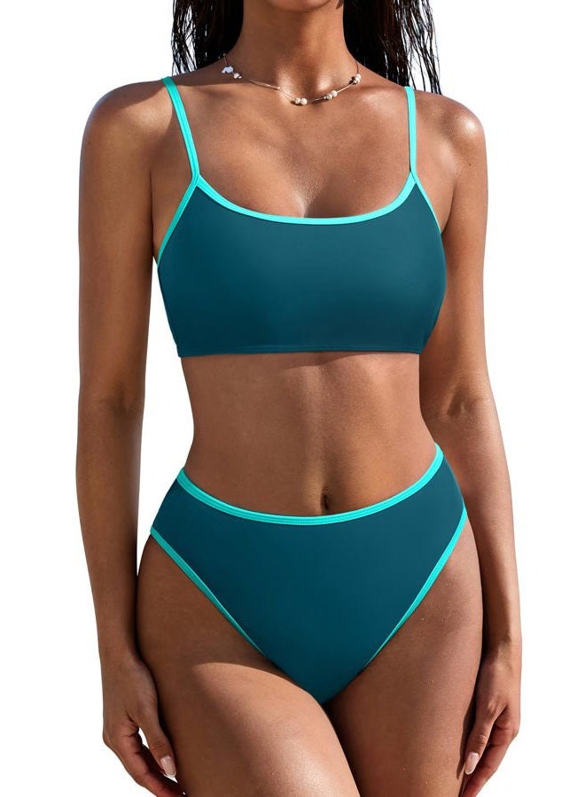 SUUKSESS Women High Waisted 2 Piece Bikini Set Cheeky High Cut Bandeau Swimsuit, 61 Green Blue, M - Image 1