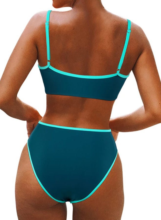 SUUKSESS Women High Waisted 2 Piece Bikini Set Cheeky High Cut Bandeau Swimsuit, 61 Green Blue, M - Image 2