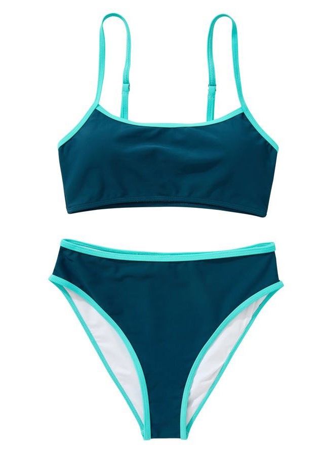 SUUKSESS Women High Waisted 2 Piece Bikini Set Cheeky High Cut Bandeau Swimsuit, 61 Green Blue, M - Image 3