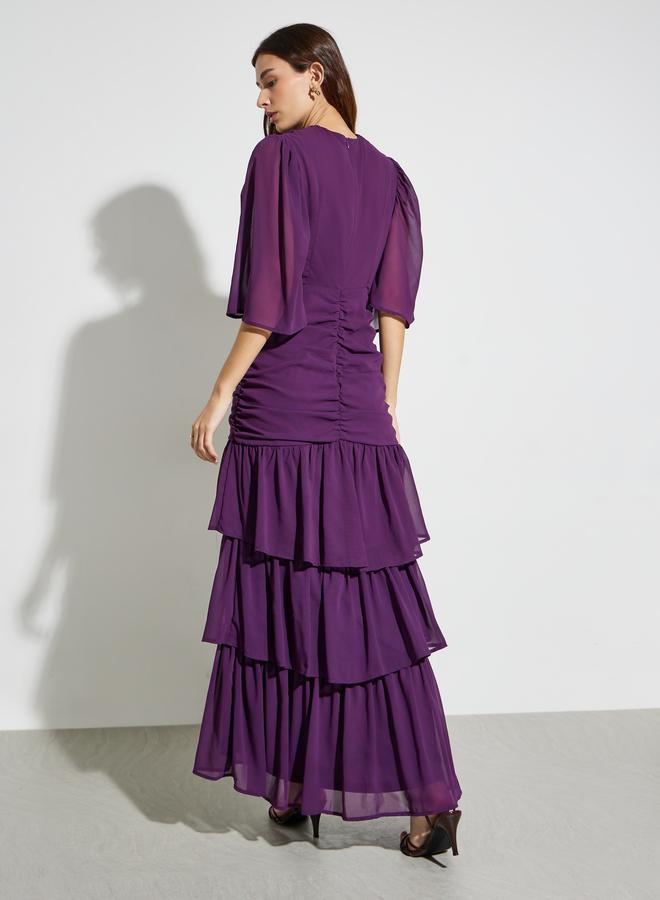 Styli Purple Ruched Waist Tiered Maxi Dress - Image 3