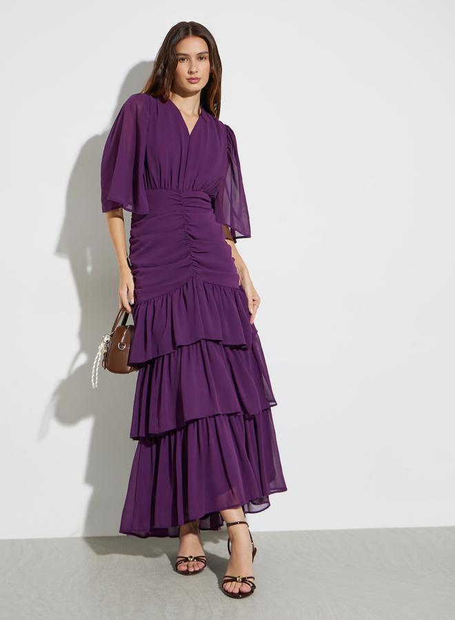 Styli Purple Ruched Waist Tiered Maxi Dress - Image 5