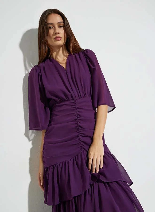 Styli Purple Ruched Waist Tiered Maxi Dress