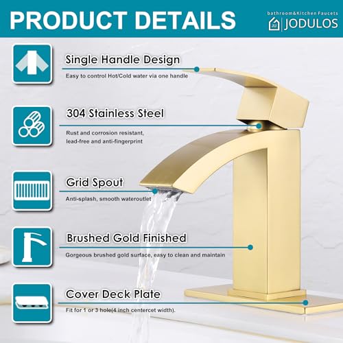Jodulos Gold Bathroom Faucet, Waterfall Bathroom Sink Faucet with cUPC Supply Hose and Pop Up Drain, Single Handle Single Hole Modern Faucet for Bathroom Vanity - Image 5