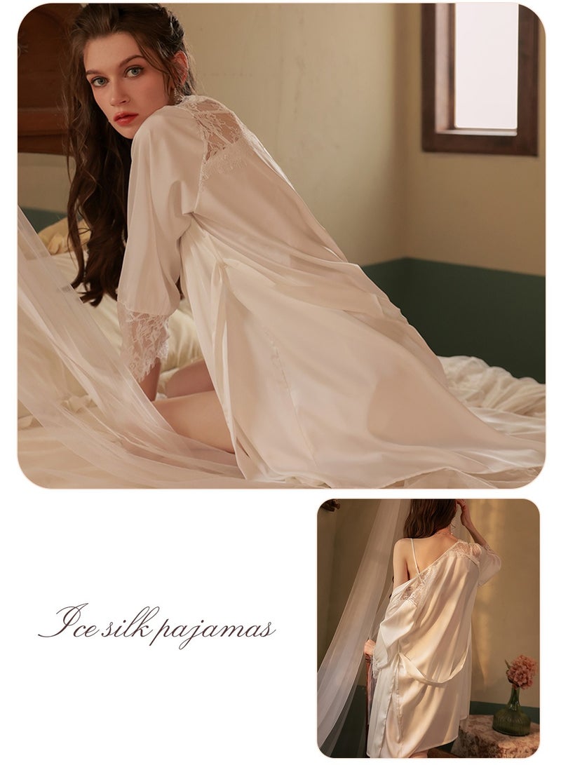 Moovant طقم نوم نسائي مكون من قطعتين، ثوب نوم + رداء + حزام، فستان نوم دانتيل رومانسي، فستان منزلي جميل، طقم بيجامات أنيق، ملابس نوم بيضاء - Image 3