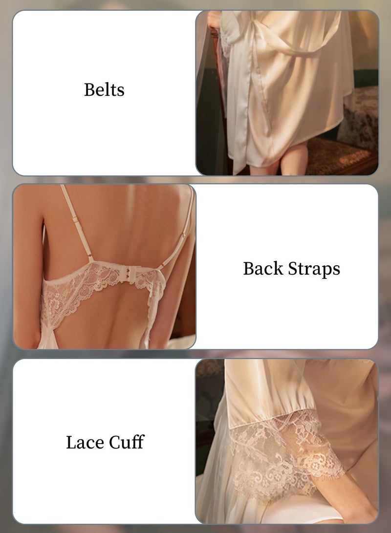 Moovant طقم نوم نسائي مكون من قطعتين، ثوب نوم + رداء + حزام، فستان نوم دانتيل رومانسي، فستان منزلي جميل، طقم بيجامات أنيق، ملابس نوم بيضاء - Image 4