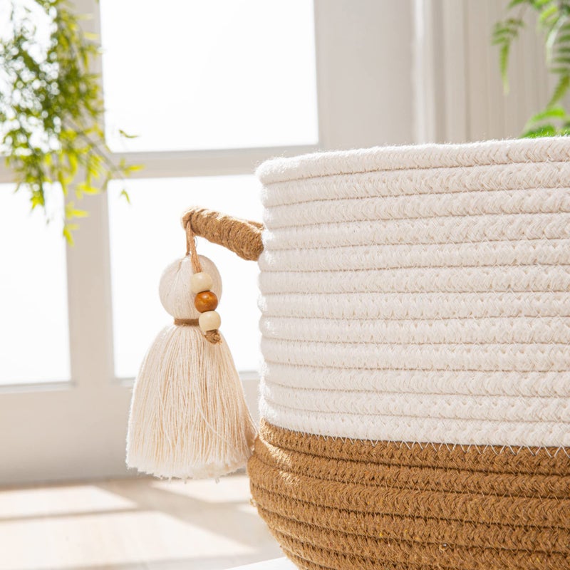 Kakamay Woven Baskets For Storage(16 ""X8 "") Blanket Basket For Organizing Living Room Cotton Rope Basket Woven Baby Laundry Hamper Collapsible Laundry Room Organization Clothes Toy Chest(Brown) - Image 2