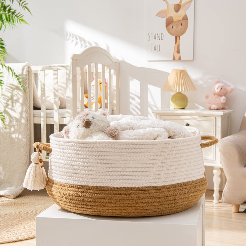 Kakamay Woven Baskets For Storage(16 ""X8 "") Blanket Basket For Organizing Living Room Cotton Rope Basket Woven Baby Laundry Hamper Collapsible Laundry Room Organization Clothes Toy Chest(Brown) - Image 5
