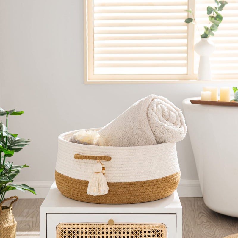 Kakamay Woven Baskets For Storage(16 ""X8 "") Blanket Basket For Organizing Living Room Cotton Rope Basket Woven Baby Laundry Hamper Collapsible Laundry Room Organization Clothes Toy Chest(Brown) - Image 4
