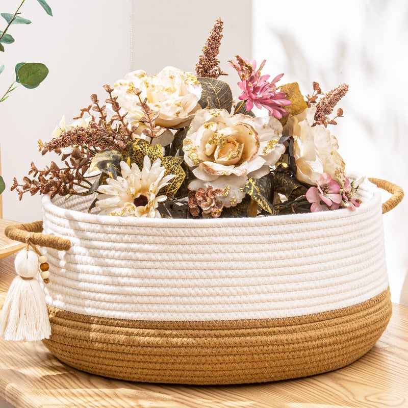 Kakamay Woven Baskets For Storage(16 ""X8 "") Blanket Basket For Organizing Living Room Cotton Rope Basket Woven Baby Laundry Hamper Collapsible Laundry Room Organization Clothes Toy Chest(Brown) - Image 1