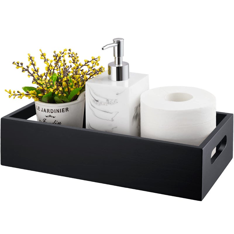 ALELION Black Bathroom Basket  Wooden Toilet Tank Paper Basket with Handle for Organizing  Back of Toilet Storage Organizer for Bathroom Tank Topper Counter  Black Bathroom Decor Box