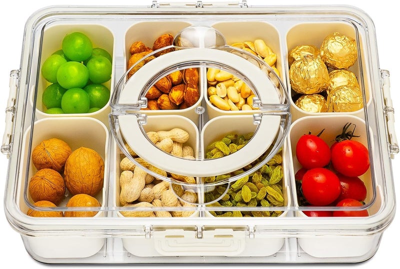 LAYZOO Divided Serving Tray with Lid and Handle,8 Compartments Snacks Box,Fruit Tray,Veggie Tray,Portable Snack Platter for Candy Fruits Nuts Snack Party Entertaining Picnic (1 PCS) - Image 1