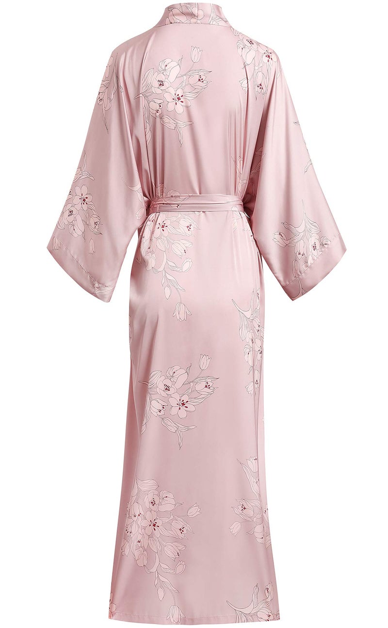 Aensso long soft silk y kimono robes for women,floral blouse cover up loose cardigan house robe-Pink - Image 2