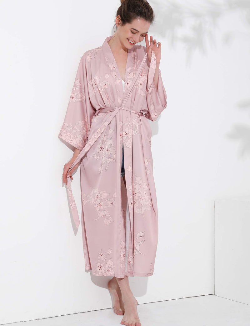 Aensso long soft silk y kimono robes for women,floral blouse cover up loose cardigan house robe-Pink - Image 3