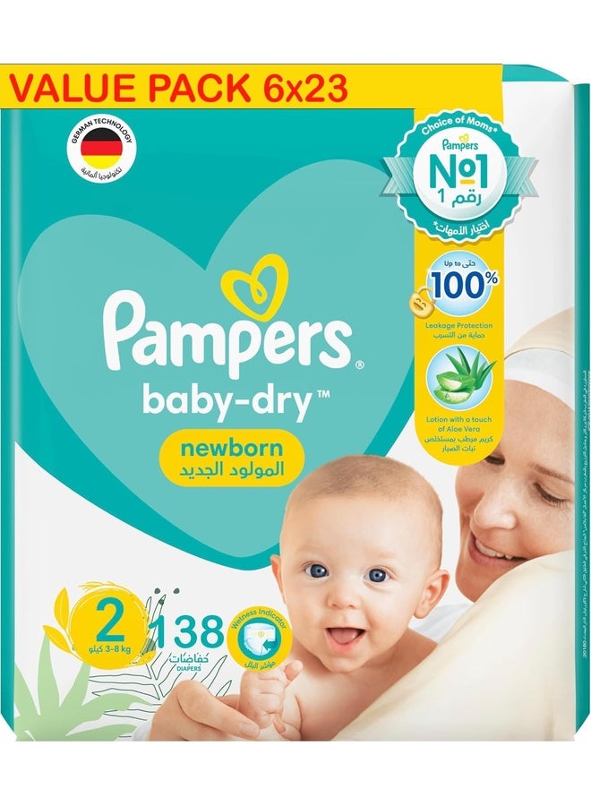 Pampers Baby-Dry Newborn Taped Diapers with Aloe Vera Lotion, up to 100% Leakage Protection, Size 2, 3-8kg, Carry Pack, 138 Count - Image 1