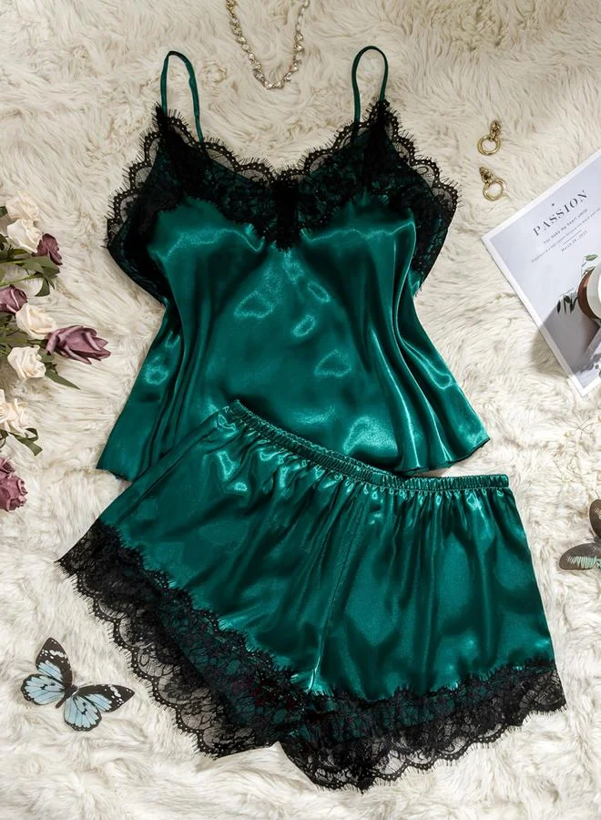 Take Two Dark Green Lace Cami Top and Shorts Set