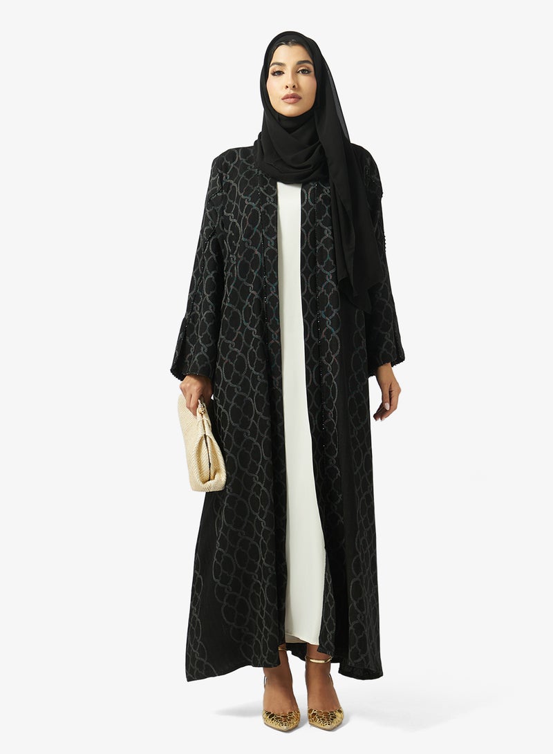 hayas closet Printed Embellished Open Front V Neck Abaya - Image 5