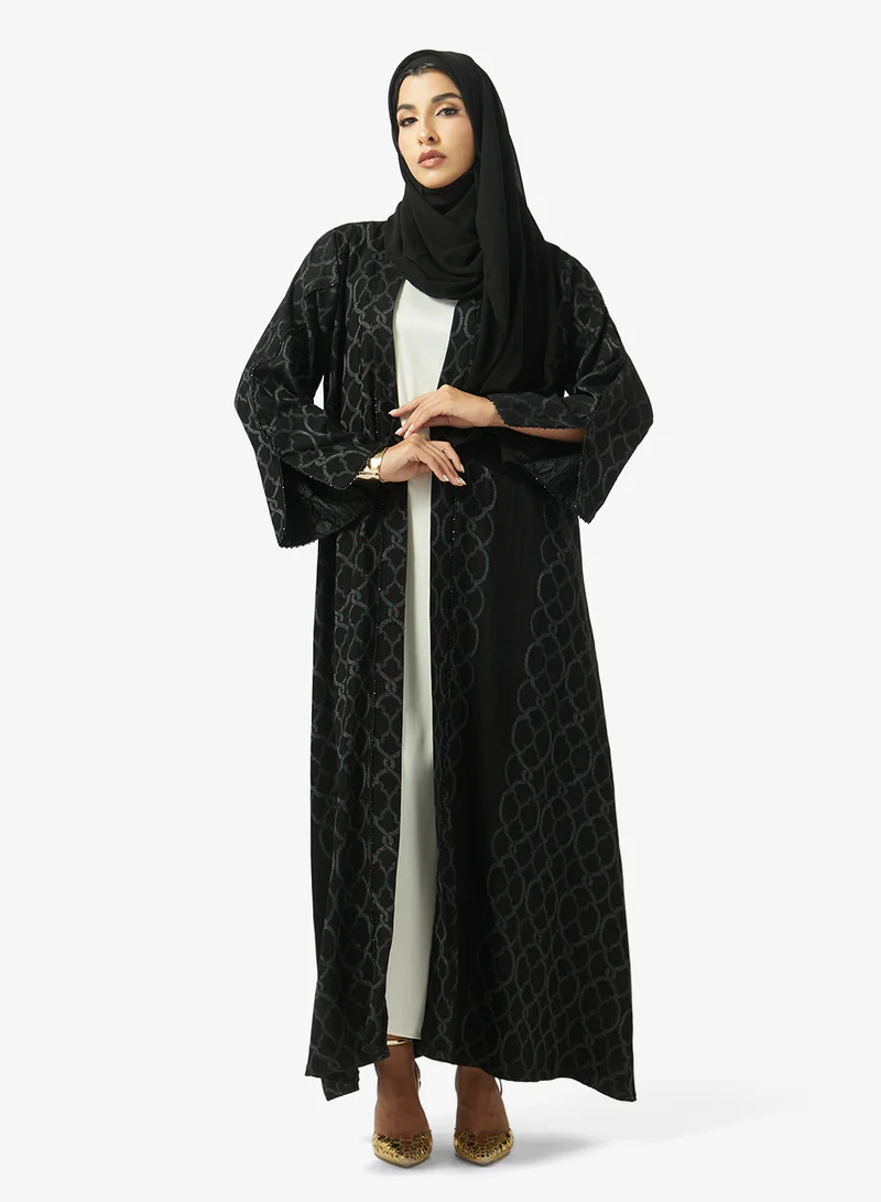 Printed Embellished Open Front V Neck Abaya