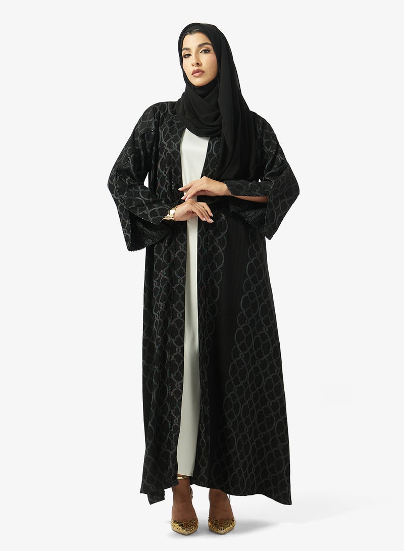 hayas closet Printed Embellished Open Front V Neck Abaya - Image 1