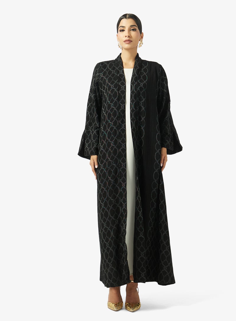 hayas closet Printed Embellished Open Front V Neck Abaya - Image 4