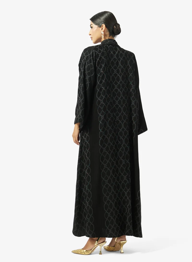 hayas closet Printed Embellished Open Front V Neck Abaya