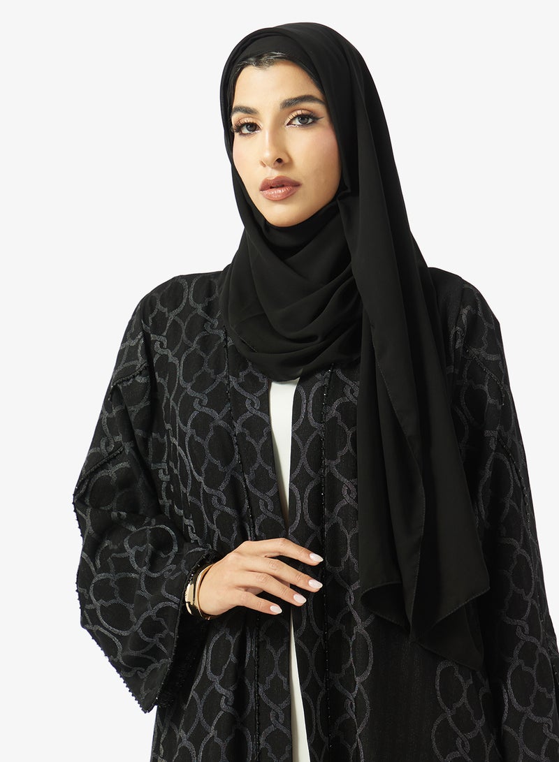 hayas closet Printed Embellished Open Front V Neck Abaya - Image 3