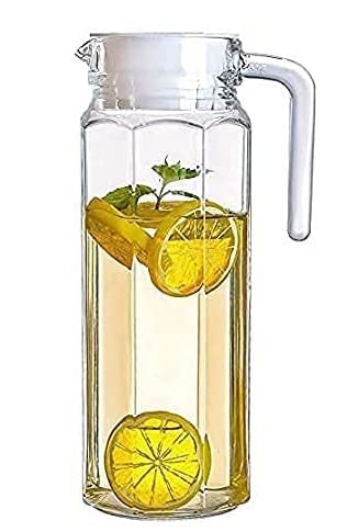 BSCART 1100 ml Glass Jug Pitcher with Plastic lid, Juice Pitcher Water jug hot Cold Water ice Tea, Milk and Juice Beverage Carafes 1.1 LTR, Carafe with Handle Transparent  - Image 1