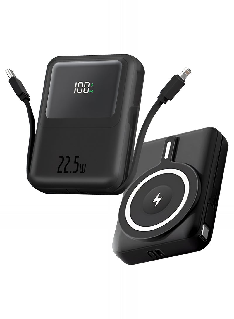 سمارت لينك باور بانك مغناطيسي سعة 10000MAh شحن لاسلكي بقوة 15 واط وكابلات لايتنينج و Type-C مدمجة، شاحن متنقل سريع 22.5 واط بشاشة رقمية، متوافق مع أجهزة أندرويد وآيفون - أسود - Image 1