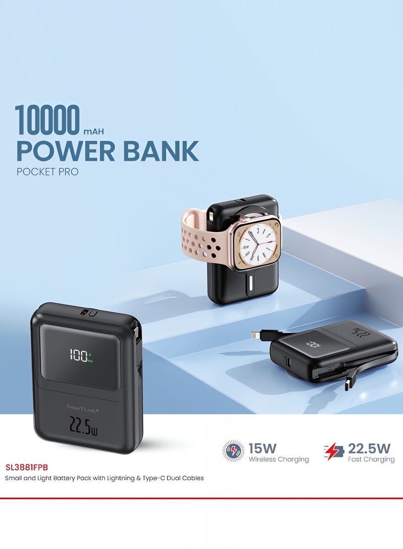 سمارت لينك باور بانك مغناطيسي سعة 10000MAh شحن لاسلكي بقوة 15 واط وكابلات لايتنينج و Type-C مدمجة، شاحن متنقل سريع 22.5 واط بشاشة رقمية، متوافق مع أجهزة أندرويد وآيفون - أسود - Image 2