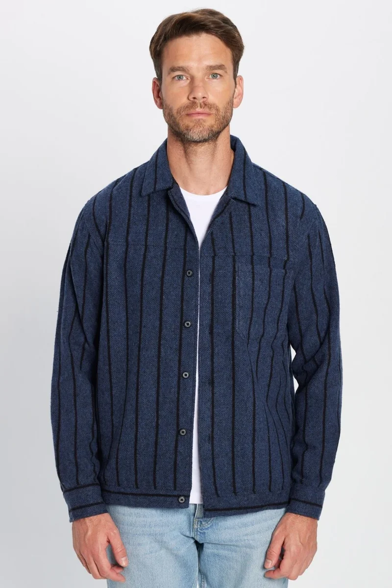 تودورس Men's Relax Fit Casual Cut Lumberjack Single Pocket Striped Indigo Winter Coat Shirt