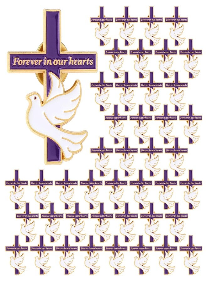 Misdary 50 Pack Funeral Favors Pins Bulk for Guests Memorial Forever in Our Hearts Dove Cross Lapel Pin Memorial Mourning (Purple) - Image 1