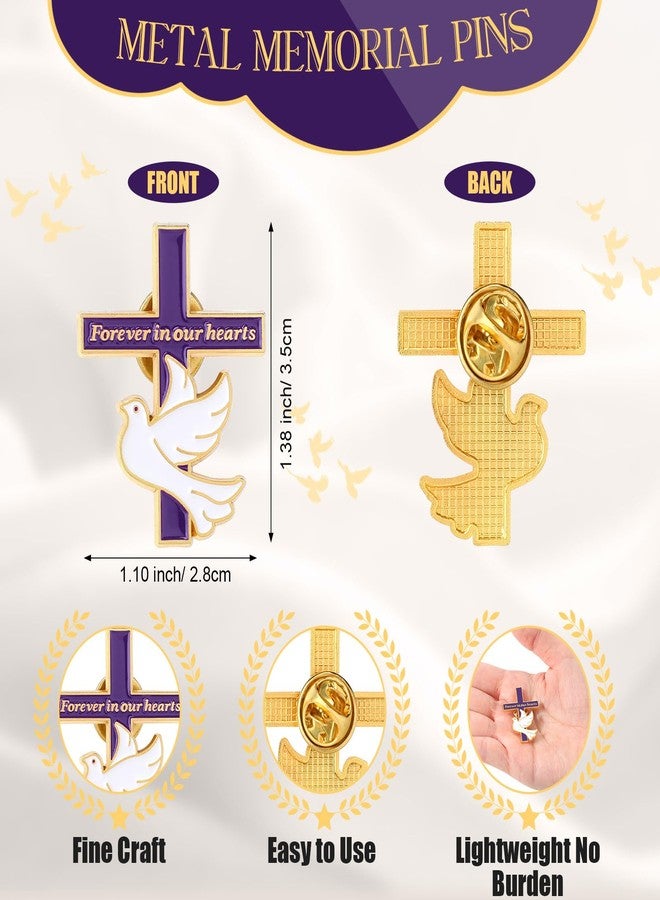 Misdary 50 Pack Funeral Favors Pins Bulk for Guests Memorial Forever in Our Hearts Dove Cross Lapel Pin Memorial Mourning (Purple) - Image 2
