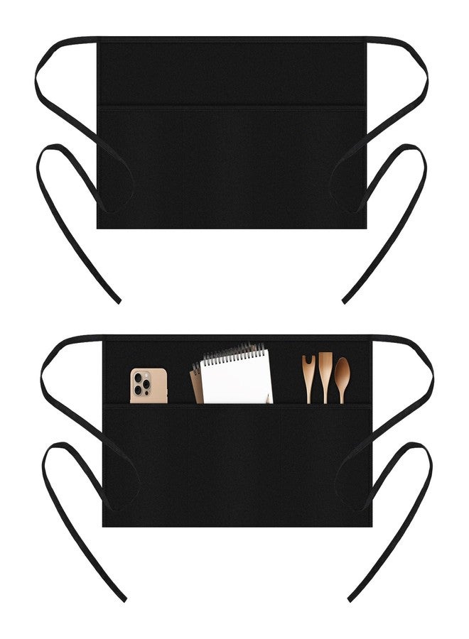 Bilkeru 2 Pack Water-Resistant Server Aprons with 3 Pockets, Black Waist Aprons for Kitchen Waiter Waitress - Image 1