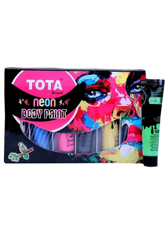 توتا طلاء للوجه وطلاء للجسم غير سام للحفلات والاحتفالات - مجموعة مكونة من 6 قطع باللون الأبيض والأصفر والبرتقالي والأخضر والأزرق والوردي. أنابيب توهج الأشعة فوق البنفسجية الملونة النيون - Image 3