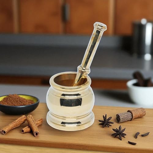 Whizzo Antique Brass Mortar and Pestle 2.95 inches x 3.35 inches x 2.0 inches Okhli Khalbatta Set Brass Herb Grinder for Crushing Pills Herbs Vegetables and Dry Fruits (Size 2) - Image 3