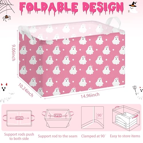 Chunful 4 Pcs Halloween Storage Baskets Pink Ghost Laundry Boo Basket Pink Hamper Foldable Storage Bins with Handle Collapsible Organizer for Home Closet Office Bedroom - Image 3